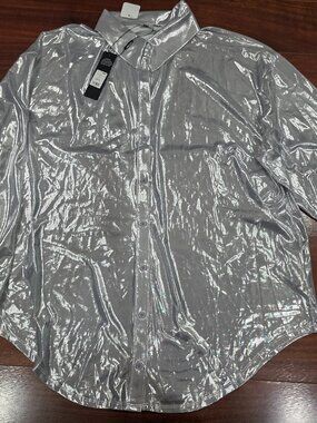 NWT Silver Metallic oversized Fashiion Nova Button down blouse